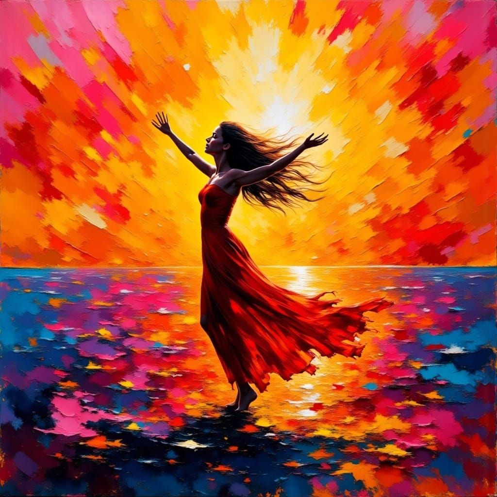 Euphoric Woman in Sunset, Impressionist Painting