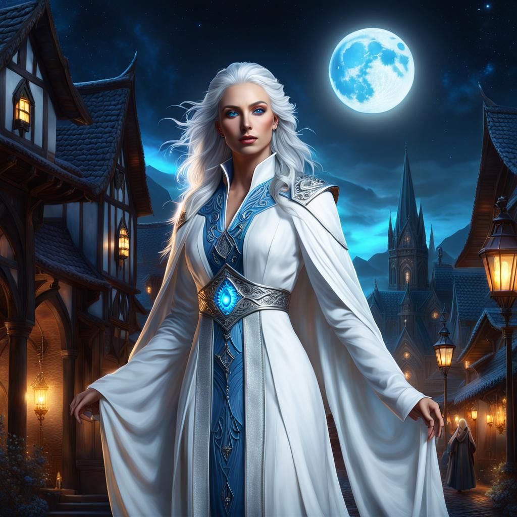 Aasimar Healing Cleric in Moonlit Town