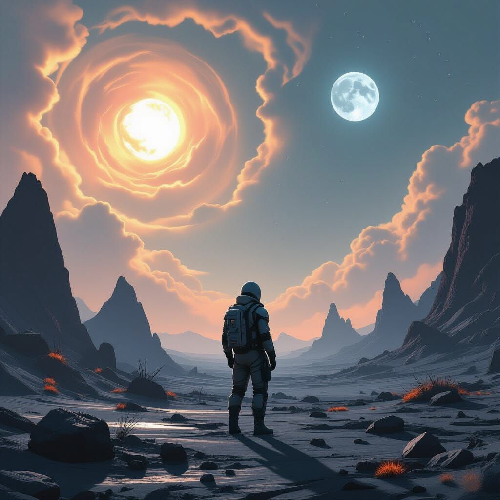 Lone Explorer on Alien World Under Nebulae Sky