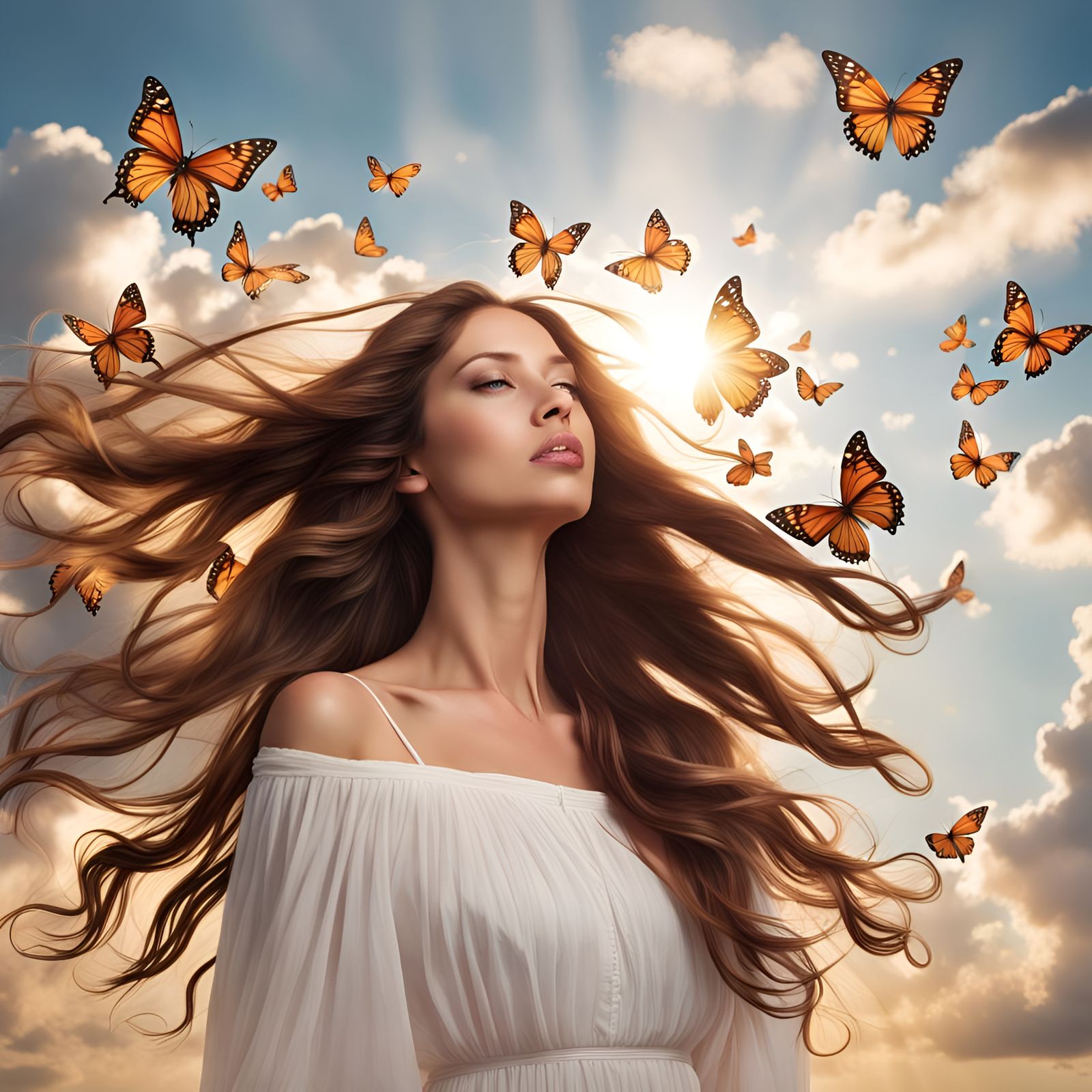Butterflies Surround a Beautiful Woman in Sunny Sky