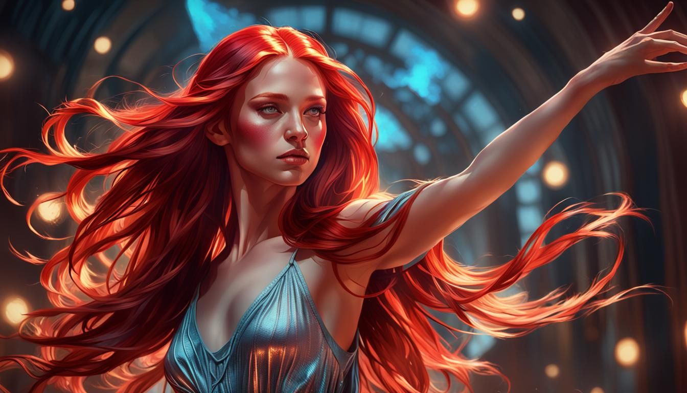 Red-Haired Model Dancing: Hyperdetailed Digital Art