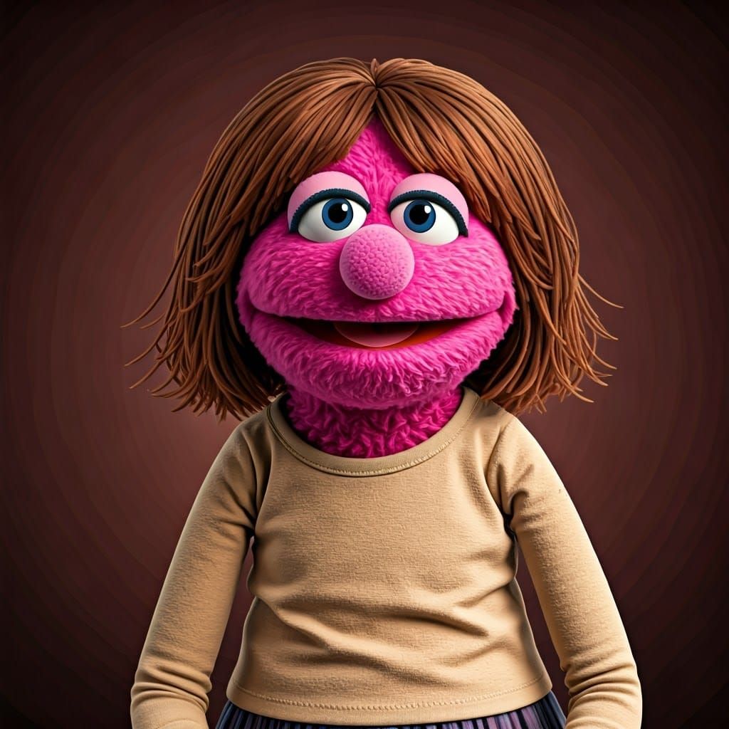 Colorful Muppet Girl with Brown Hair in Cozy Outfit