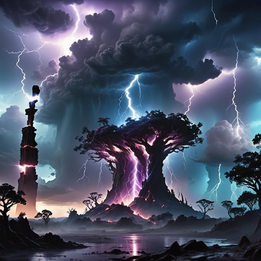 Stormy Alien Landscape with Towering Structure