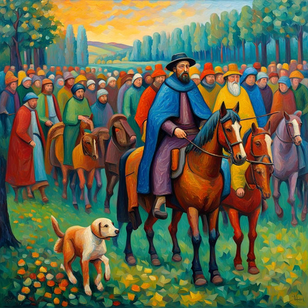 Chaucer's Pilgrims: Neo-Impressionist Oil Painting