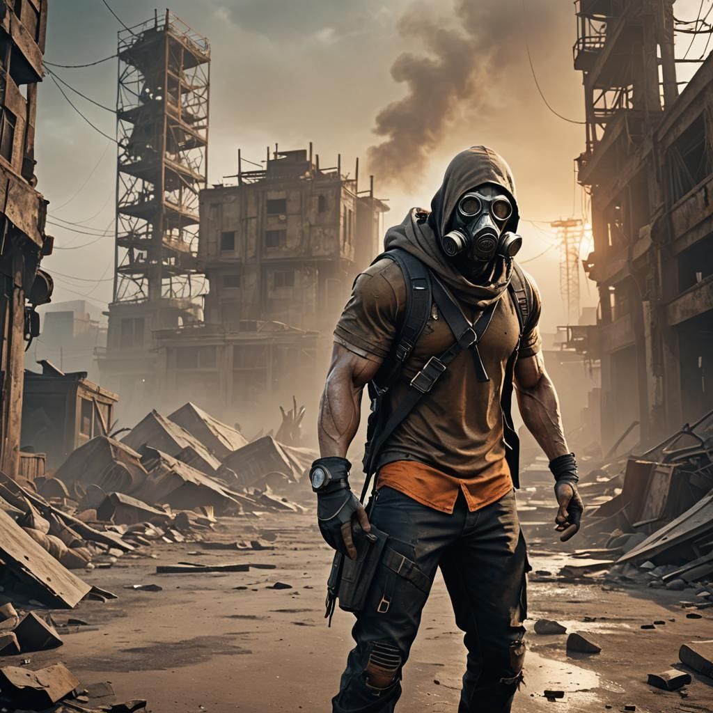 Man in Gas Mask in Post-Apocalyptic Wasteland