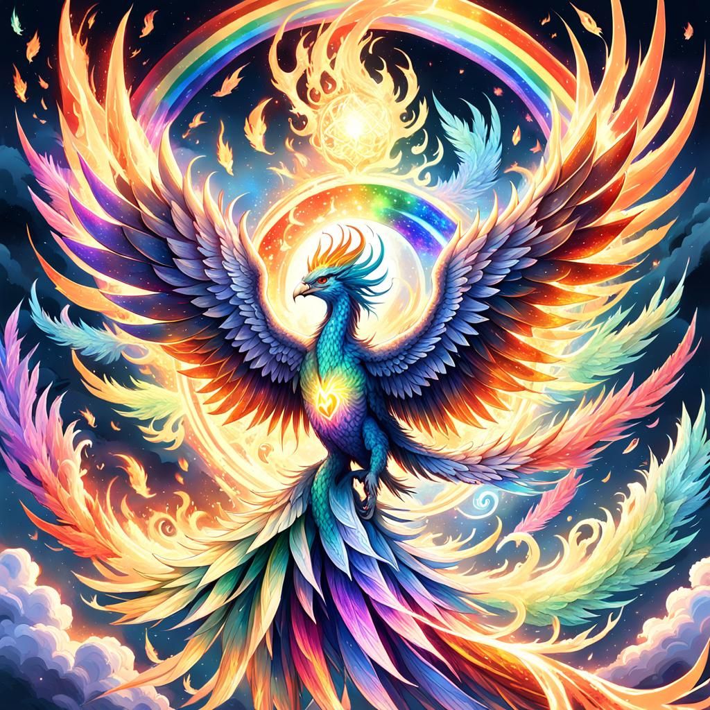 Rainbow Phoenix in Anime Style with Fire