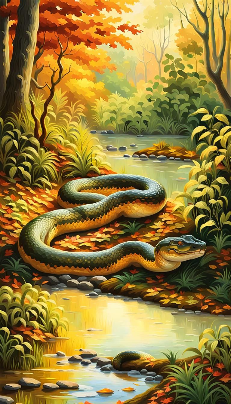 Anaconda in Amazon, Impressionist Wildlife Painting