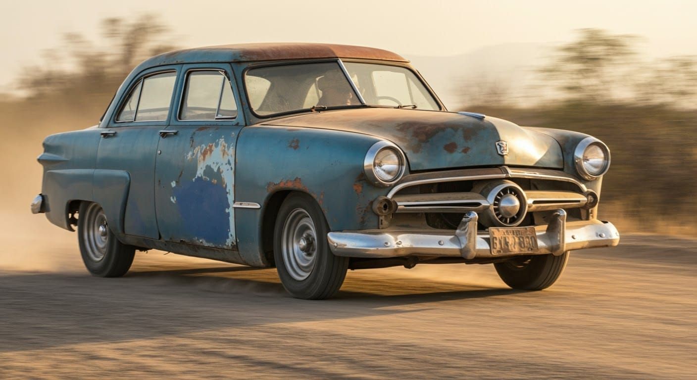Dusty 1952 Ford Jalopy in 1980s Film Style