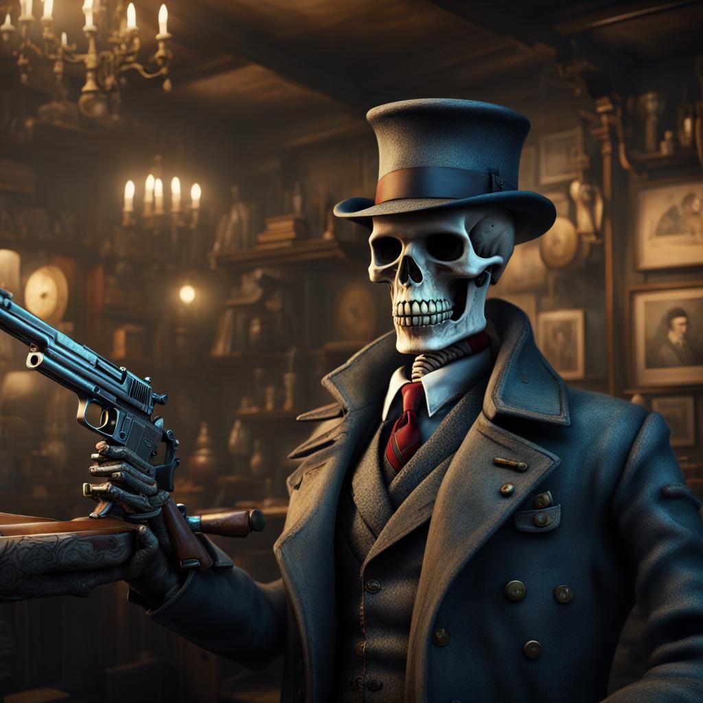 Skeleton Gangster in 1920s Speakeasy, Detailed Matte Paintin...