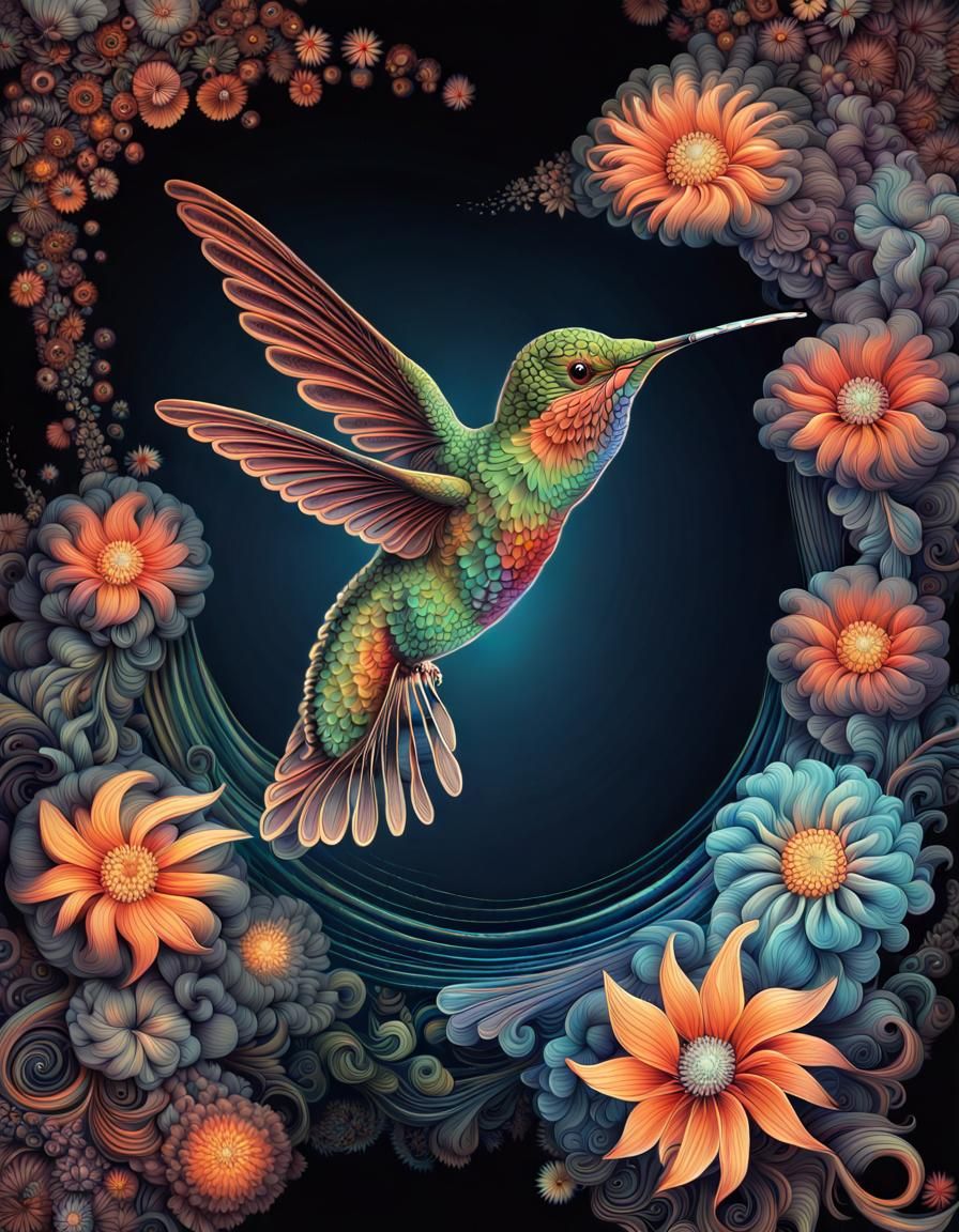 Bioluminescent Hummingbird with Glowing Flora, Vector Fracta...