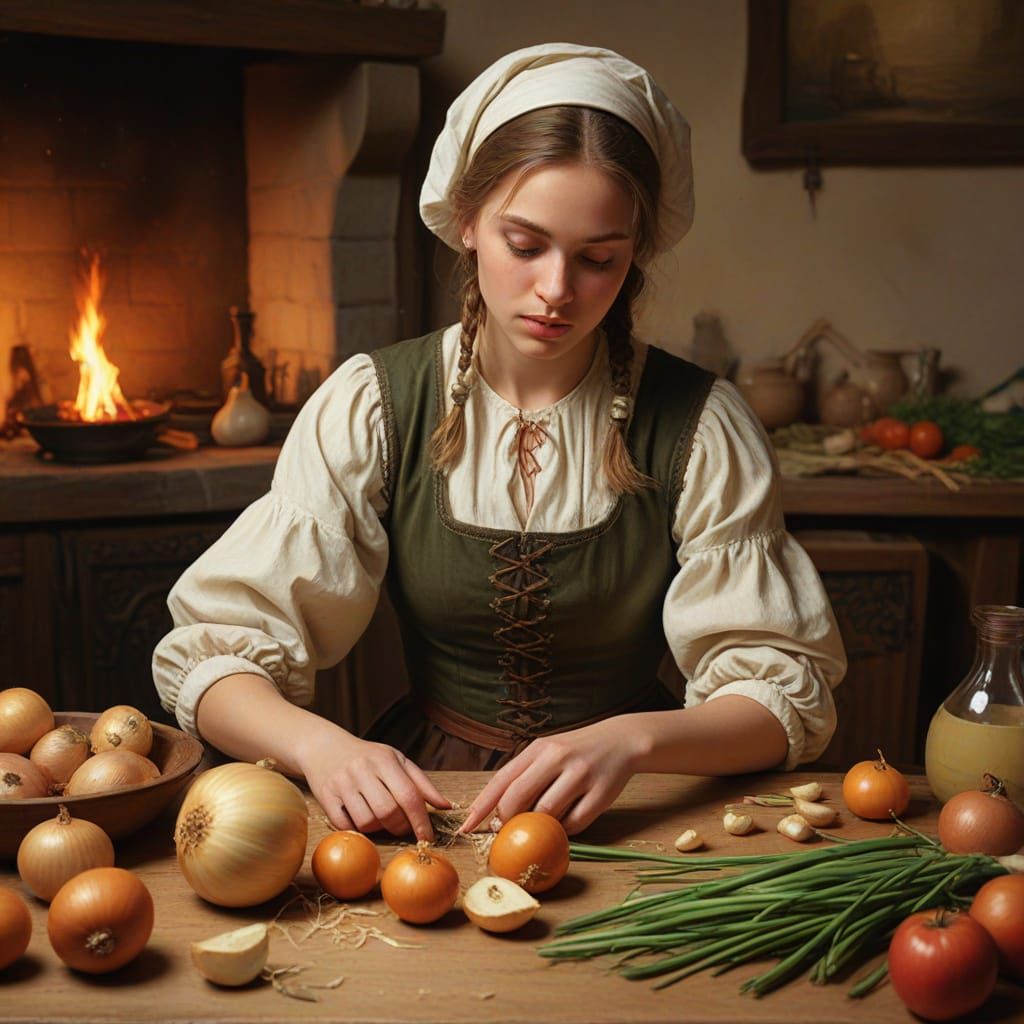 Medieval Girl Preparing Vegetables, Oil Painting