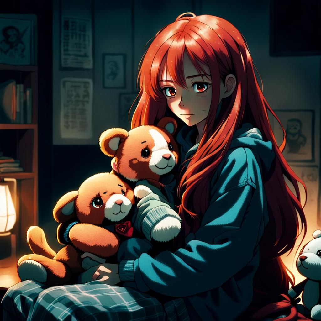 Anime Woman in Dim Room Cuddling Toy - Manga Style