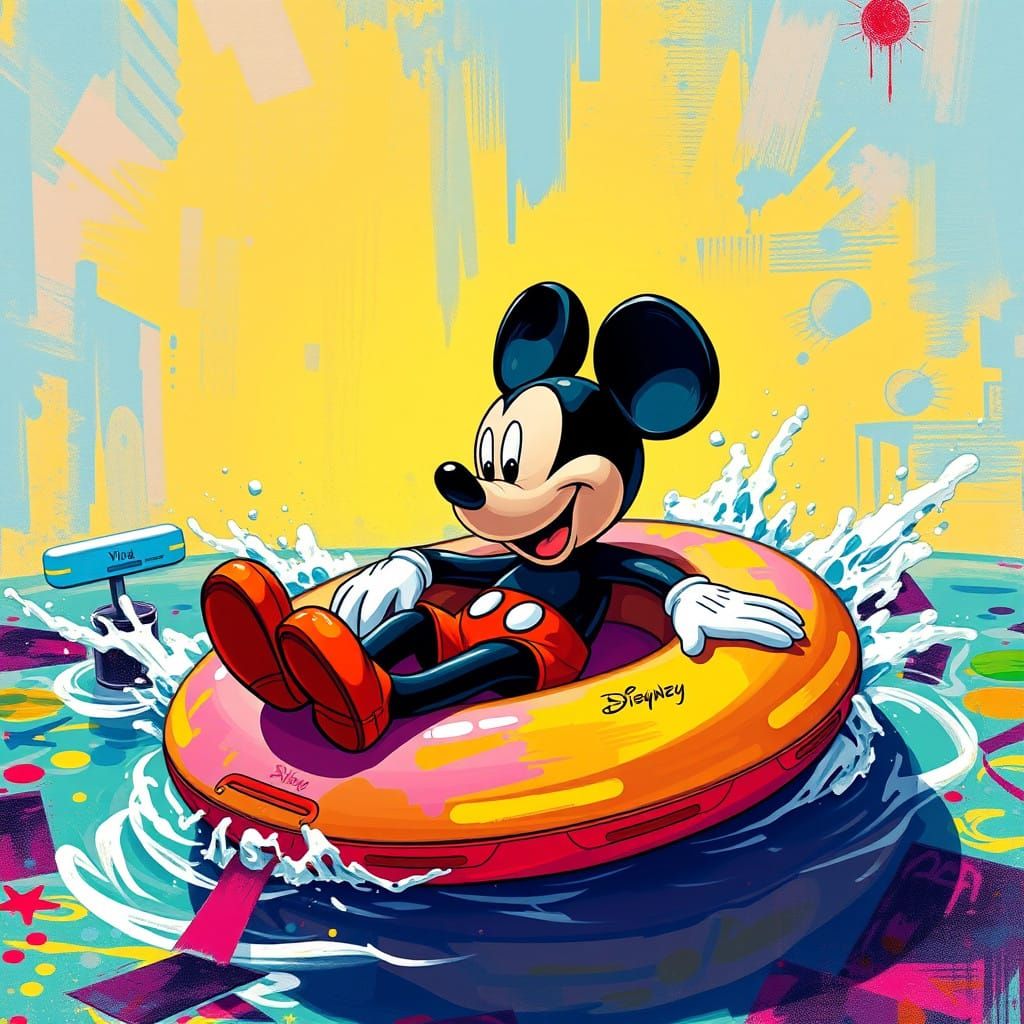 Vibrant Mickey Mouse Pool Scene in Street Art Style