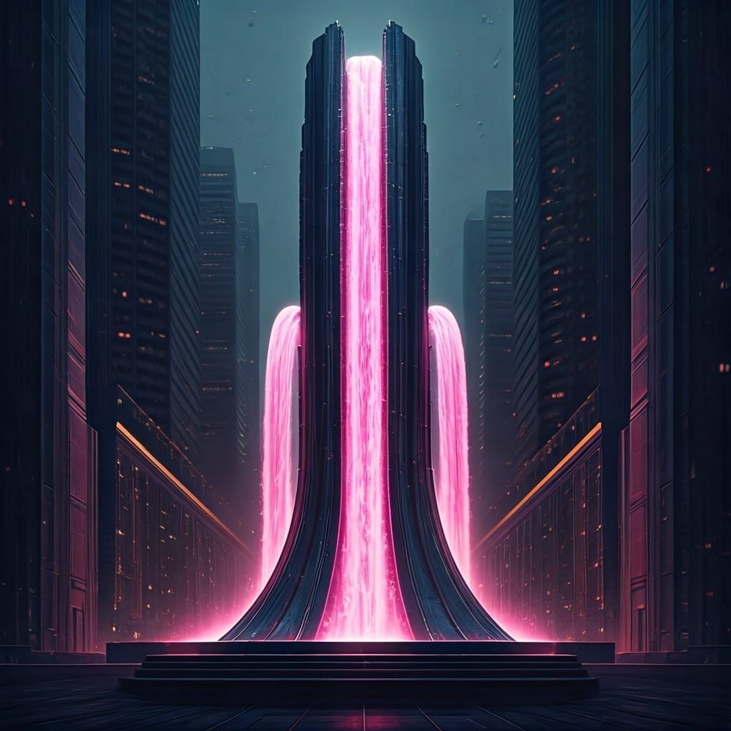 Futuristic Cityscape with Neon Art Deco Fountain