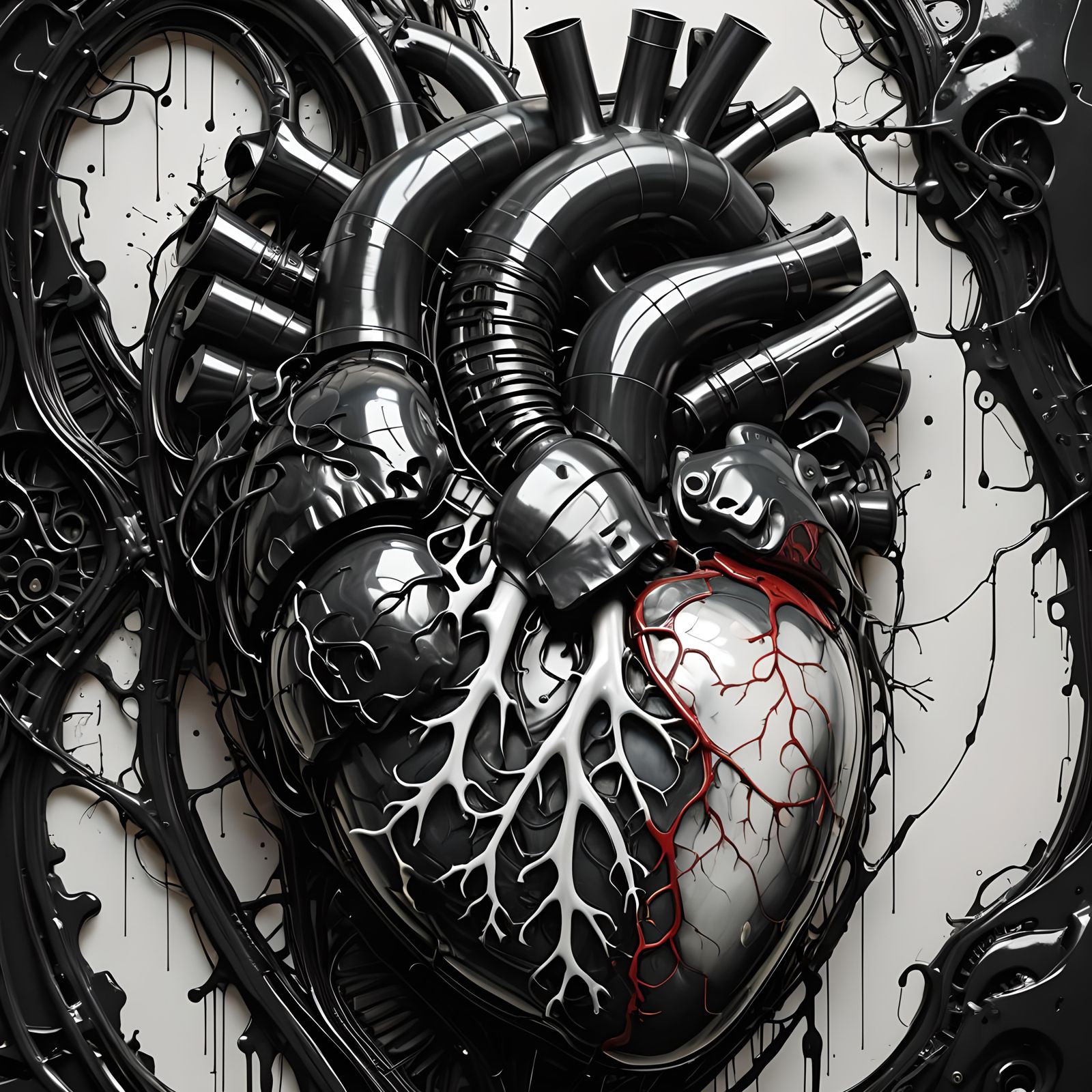 Biomechanical Heart in Black and White, 3D Render