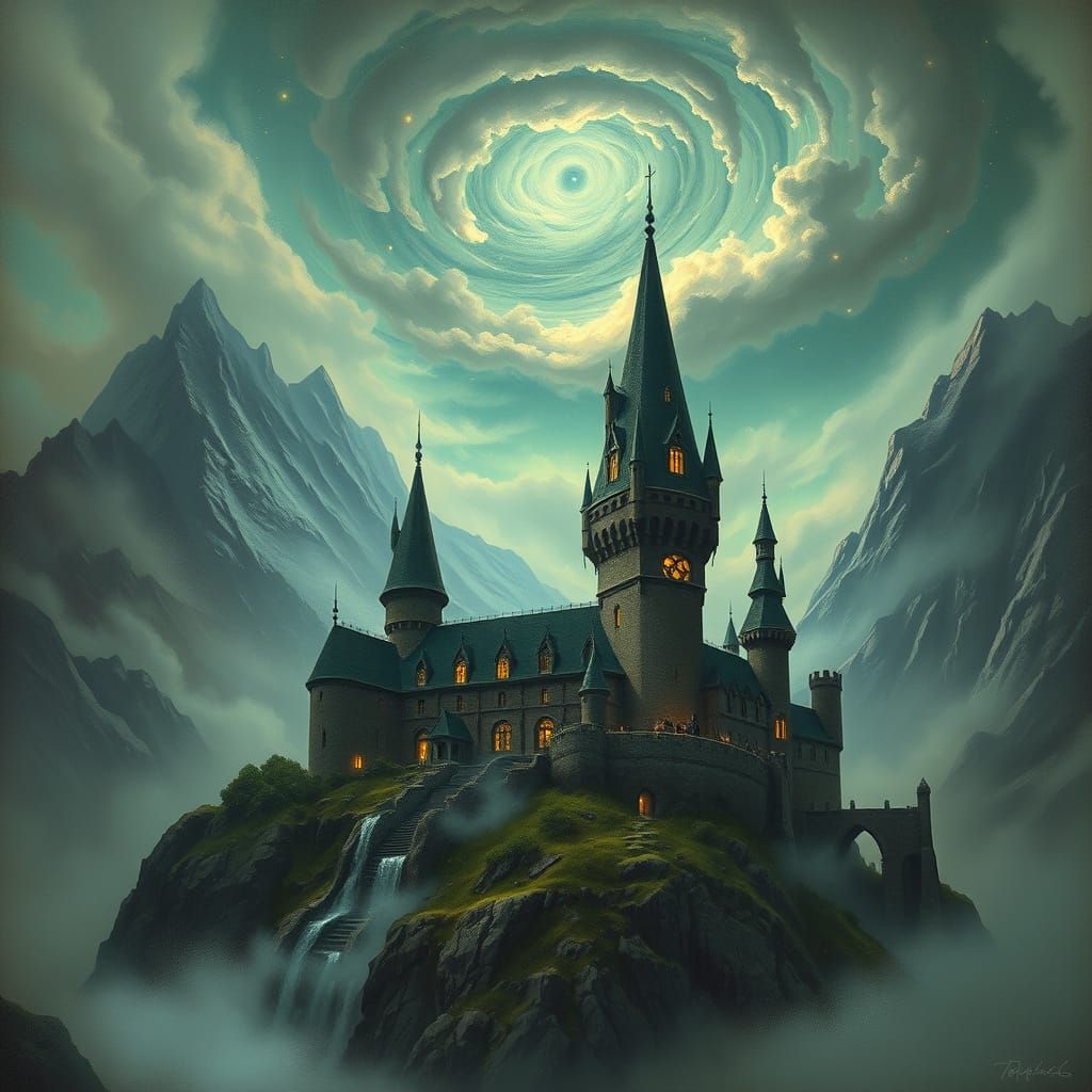 Magical Wizard's Castle in Misty Mountains, Digital Painting