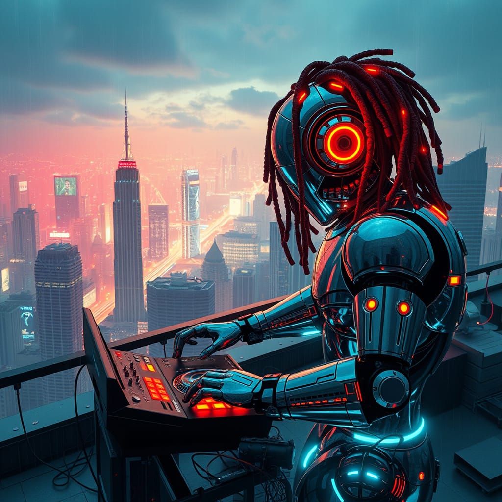 Cyberpunk Robot DJ in a Neon Metropolis