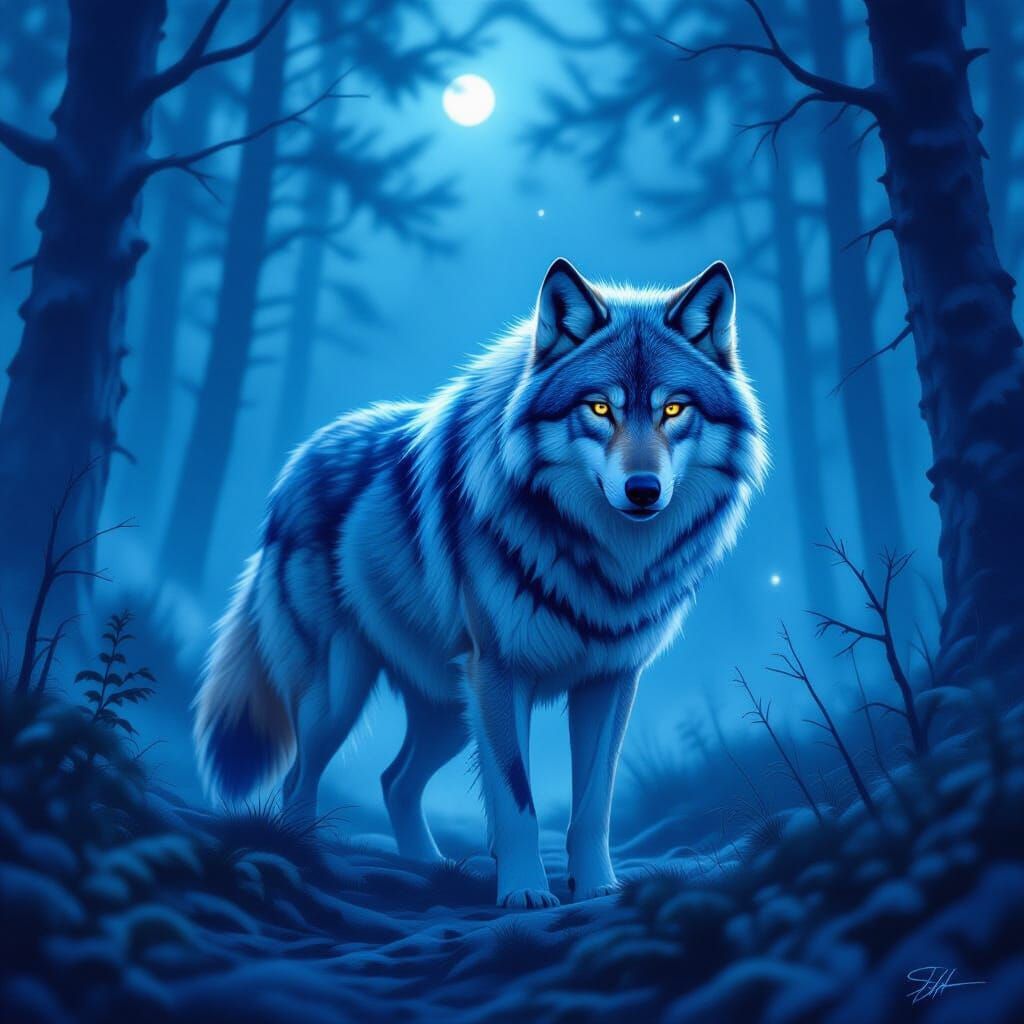 Ethereal Bioluminescent Wolf in Moonlit Forest