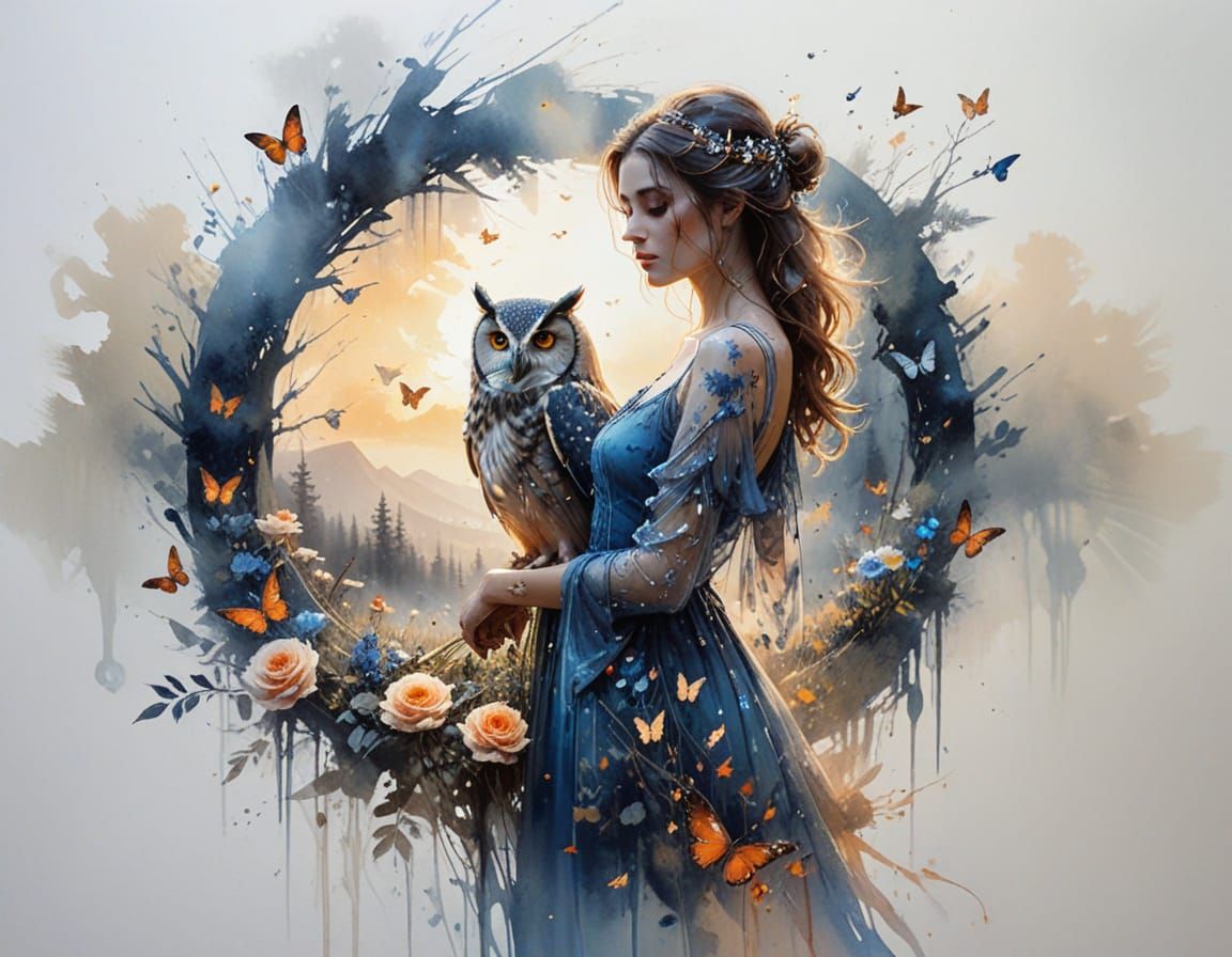 Woman in Blue Gown With Owl in Twilight Forest