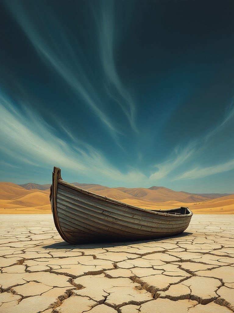 Abandoned Boat on Arid Land in Atmospheric Realism Style
