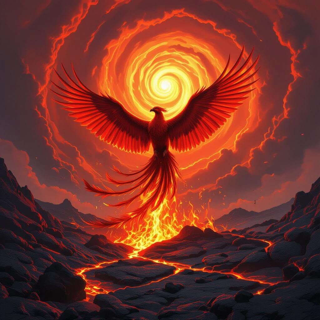 Fiery Phoenix Rising from Ashes in Hyperrealistic Style