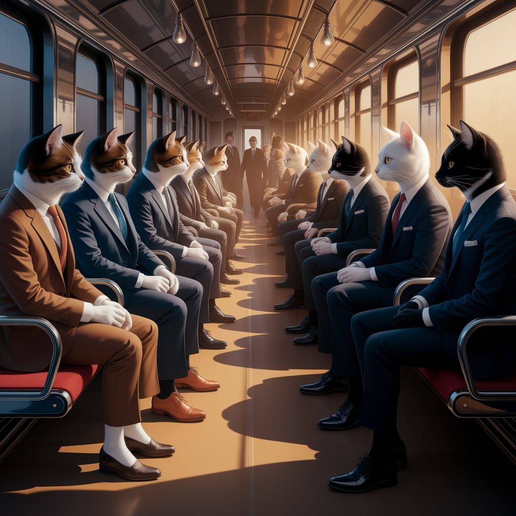 Cats in Chic Train Carriage Amidst Humans