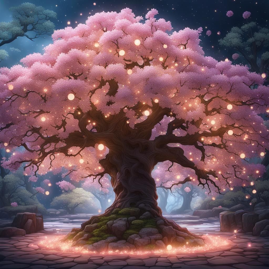 Luminous Sakura Tree in Glass Terrarium