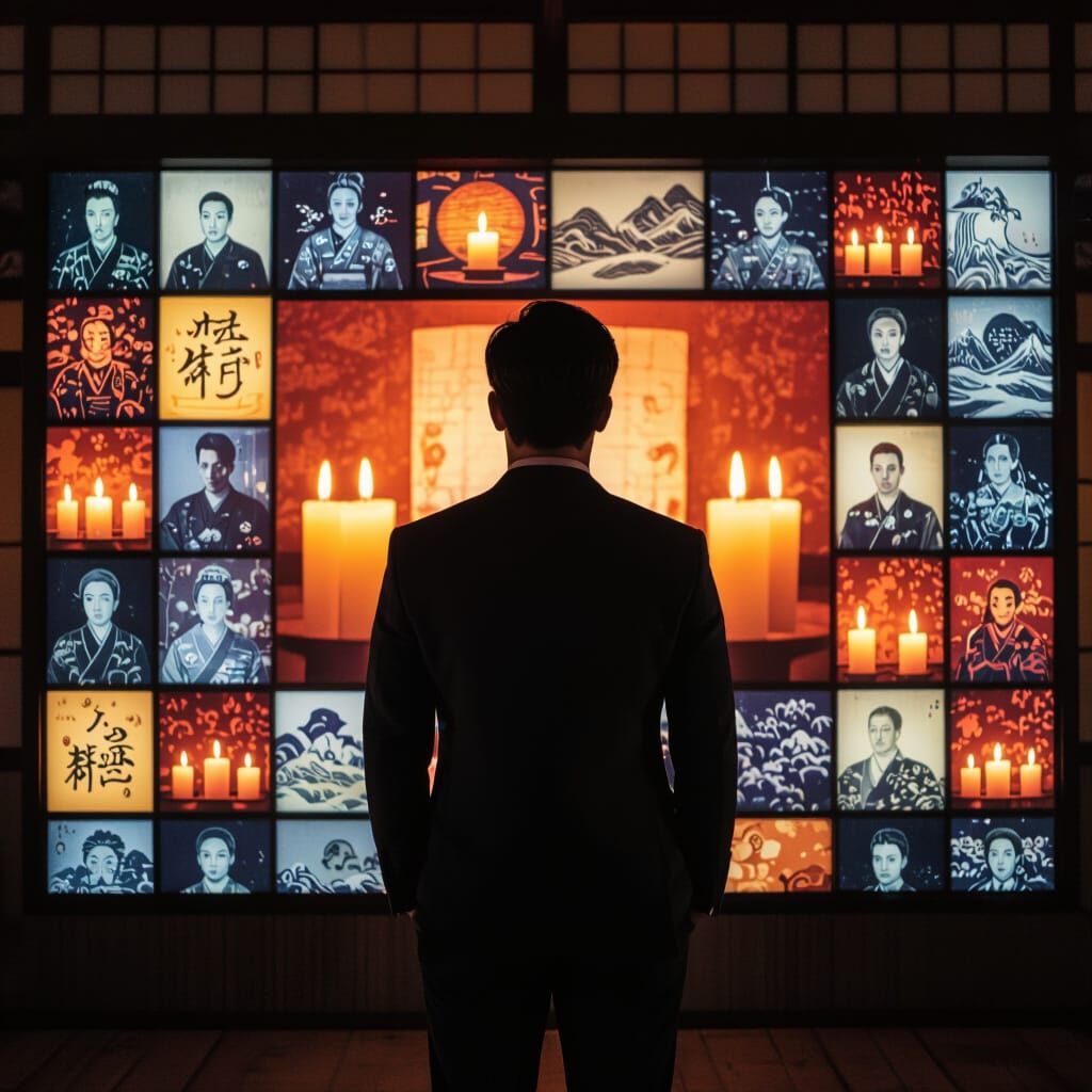 Man in Suit Watches Digital Screen with Japanese Lanterns