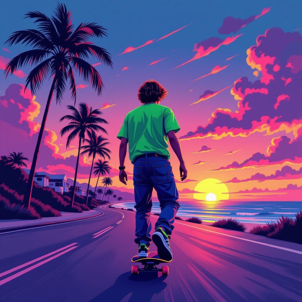 Skateboarding to the Beach: Retro Synthwave Sunset