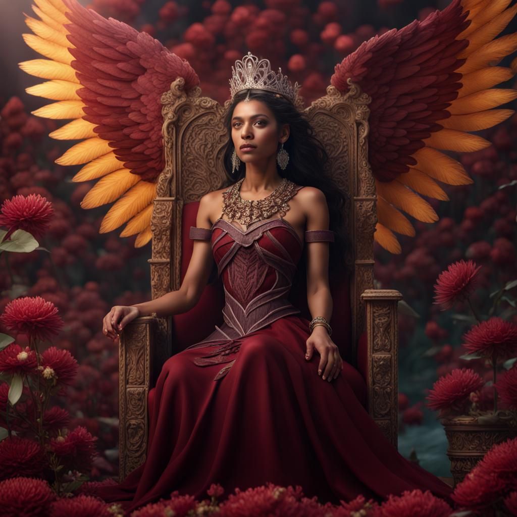 Amerindian Woman with Wings on Floral Throne