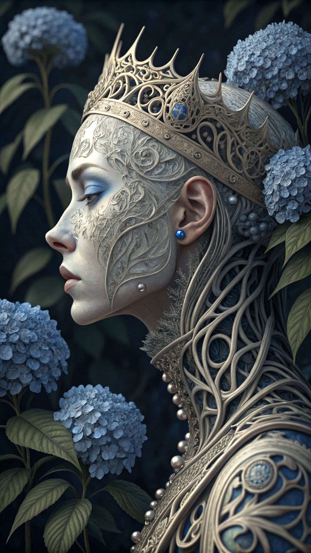 Biomechanical Cyborg Portrait with Hydrangeas in Art Nouveau...