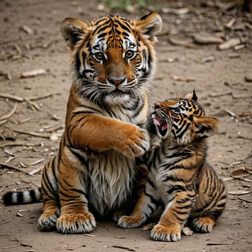 Affectionate Baby Tiger and Lion Cub Embrace