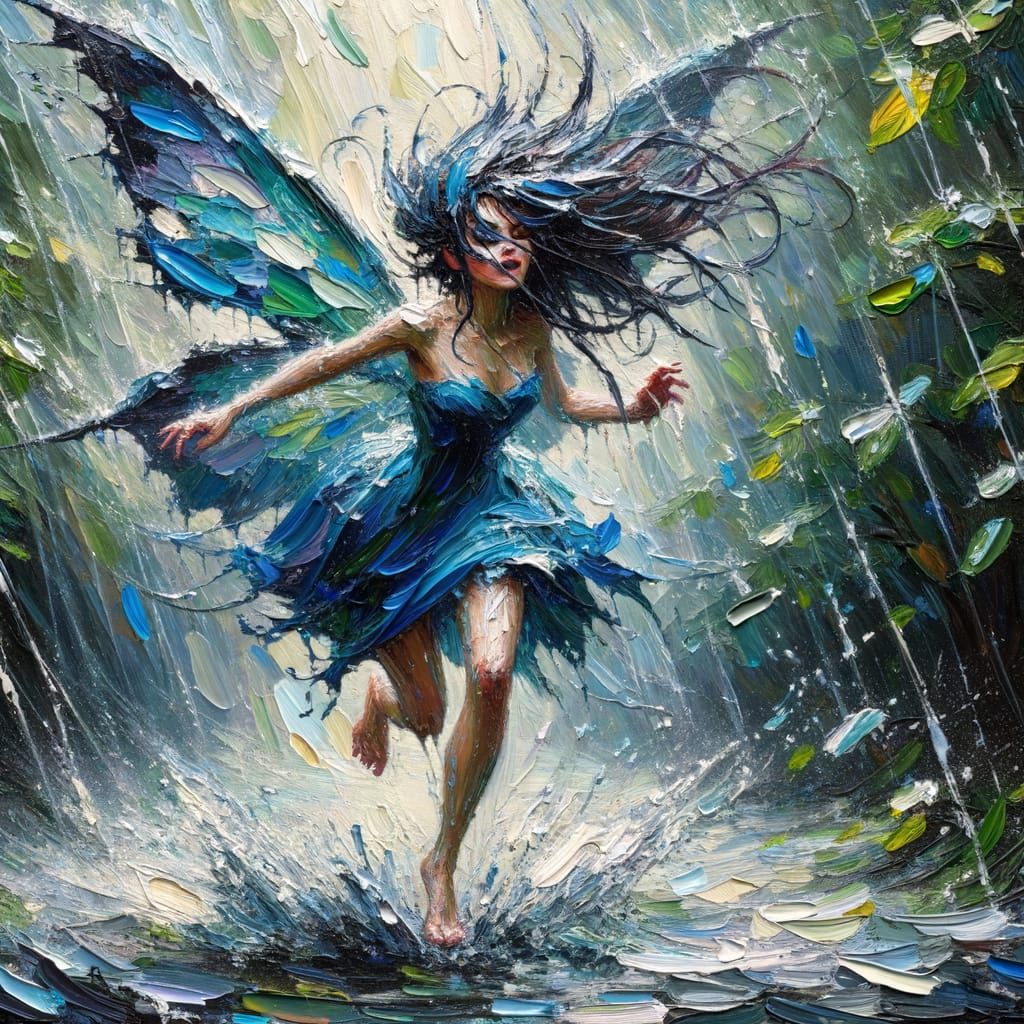 Fairy Rushing Through Rainstorm in Impasto Oil Style