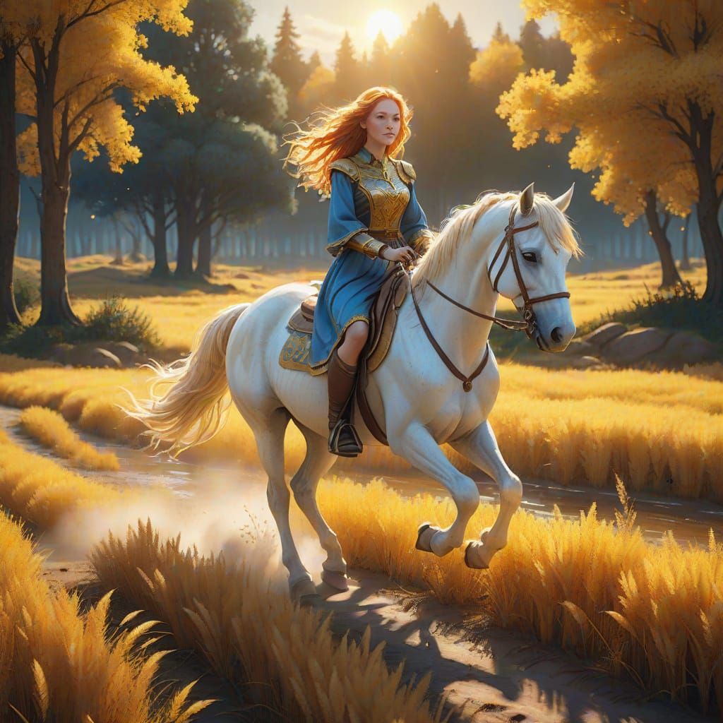 Dreamy Autumn Field: Woman on Horse in Warm Light