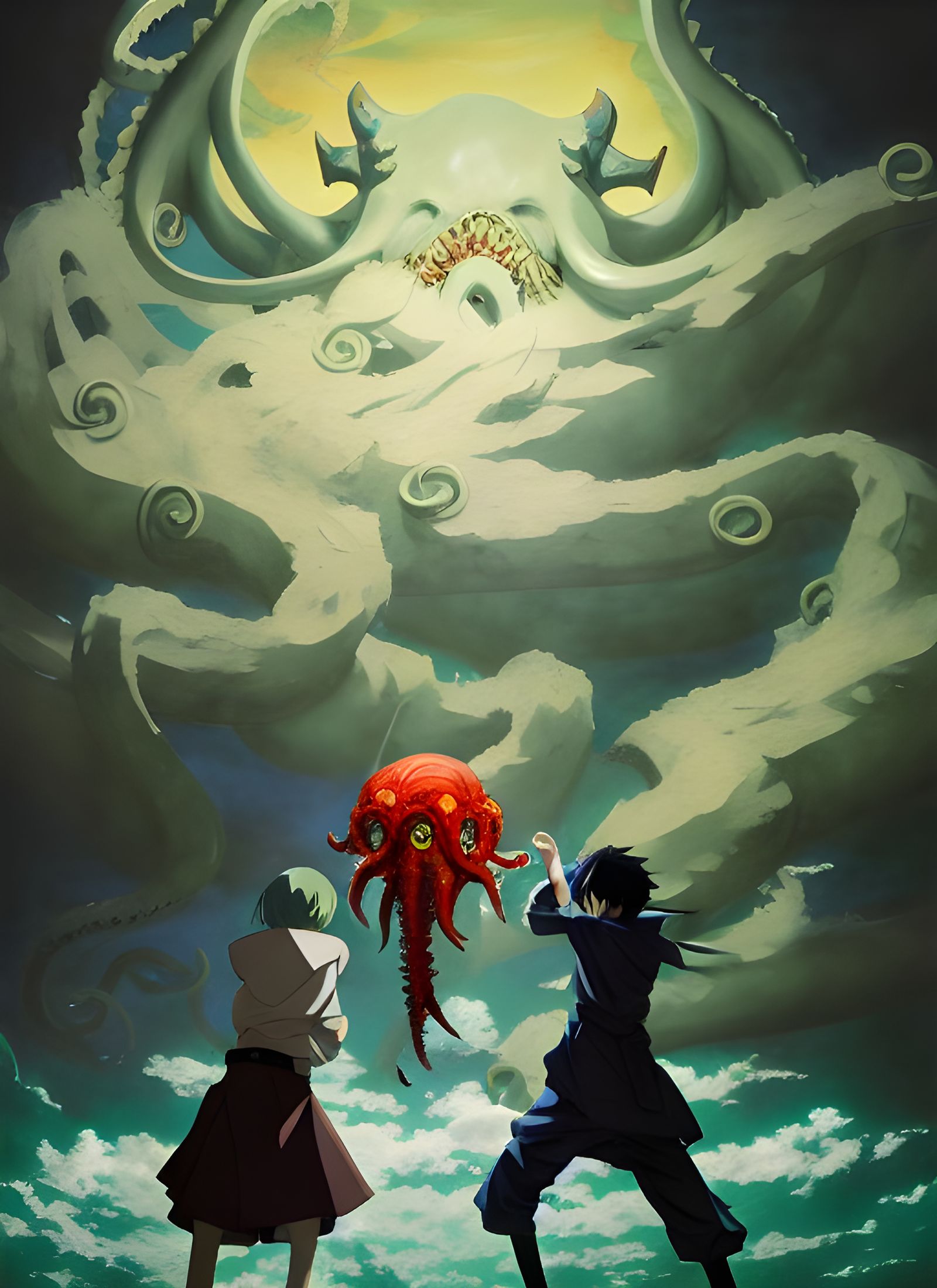Anime Characters Fight Cthulhu: Baroque Oil Painting