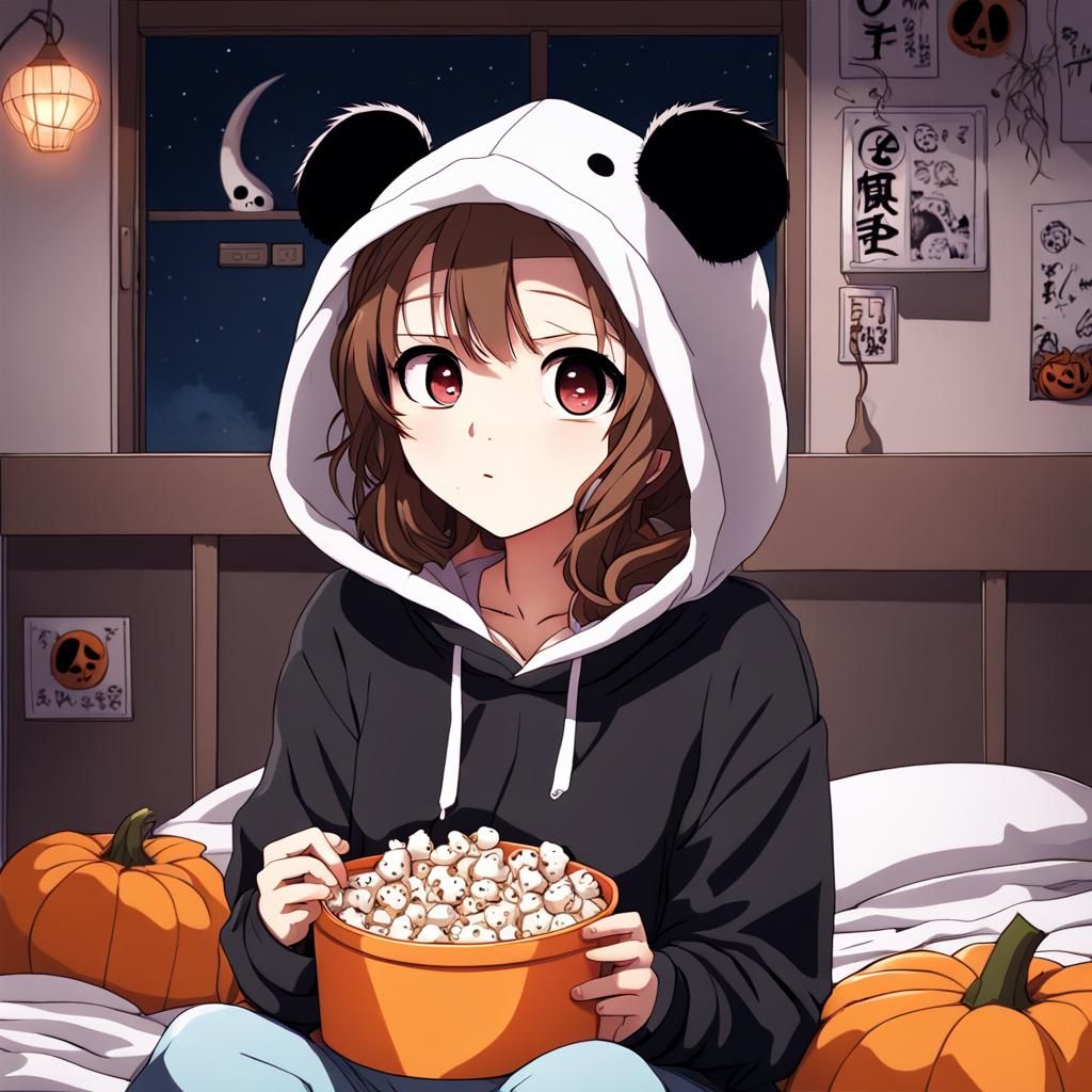 Girl in Panda Hoodie Watching Movie, Anime Style