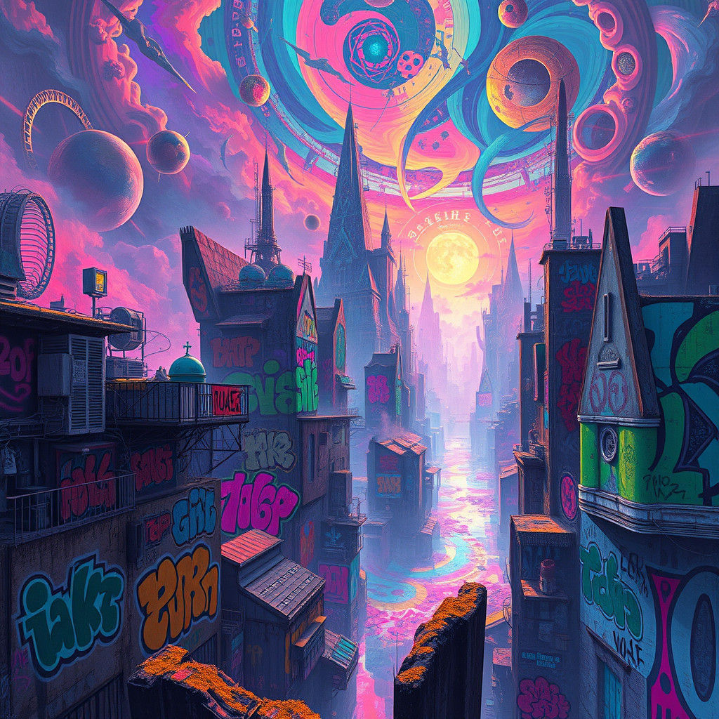 Vibrant Graffiti Art in a Mystical Metropolis
