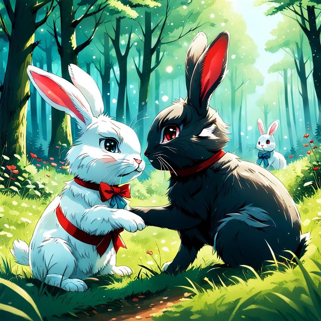 Two Bunnies Play in Forest: Cel-Shaded Anime Art