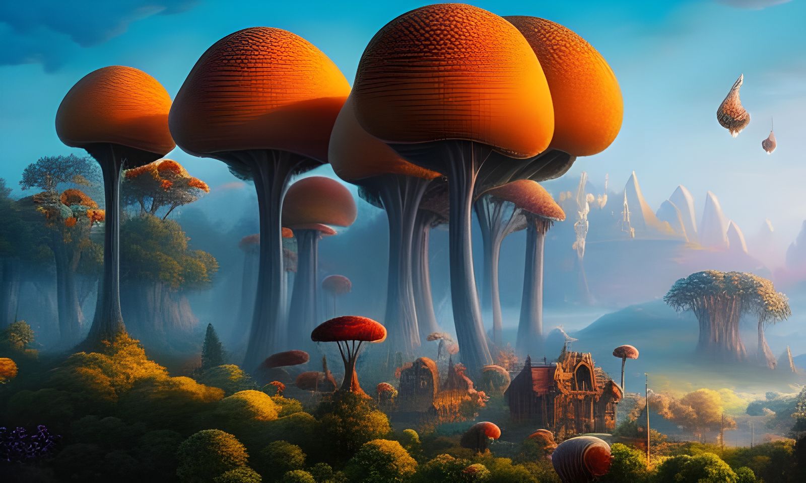 Hyperdetailed Rococo Fantasy Landscape with Giant Mushrooms