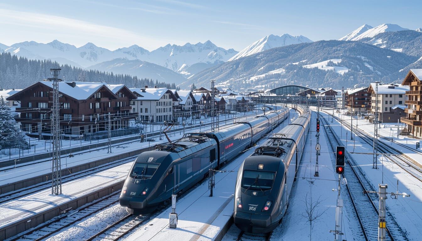 Snowy Modern Train Station Aerial View