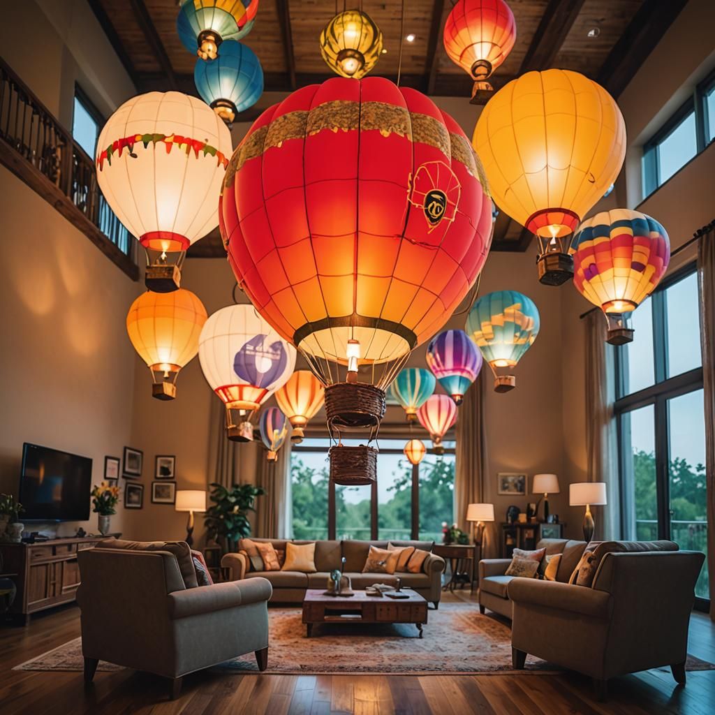 Colorful Hot Air Balloon Lamps in Large Room