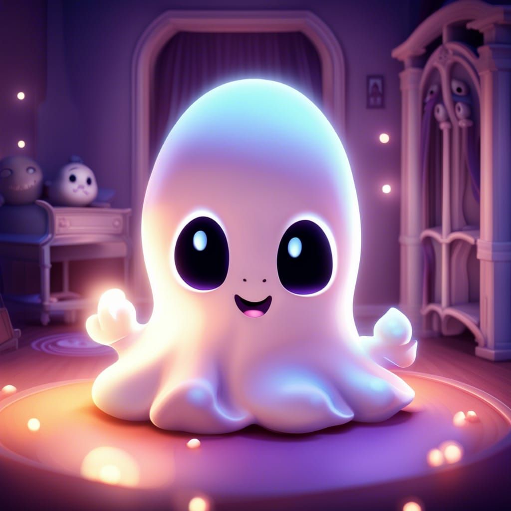 Adorable Chibi Ghost in Gothic Bedroom: 3D Art
