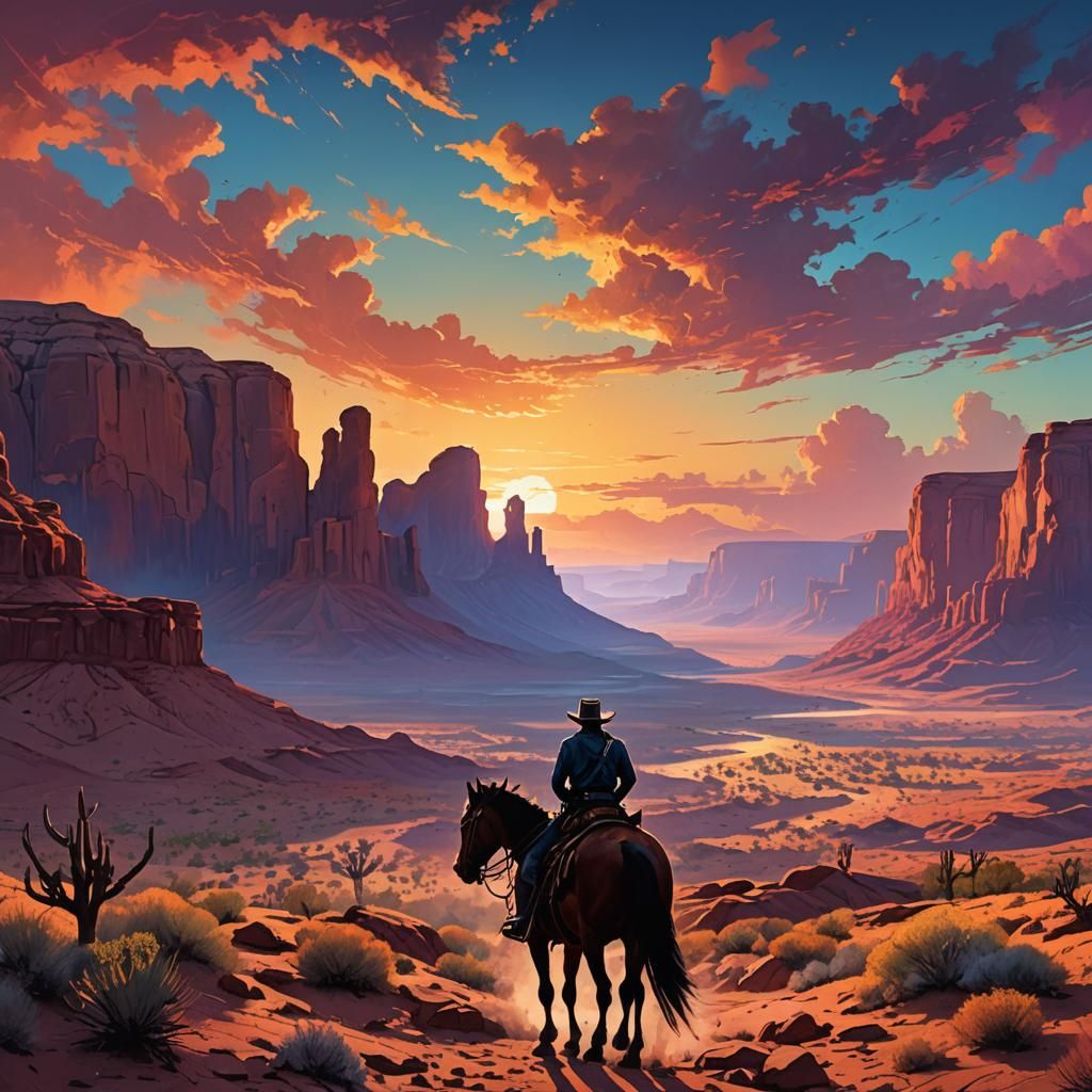 Cowboy Silhouette at Desert Sunset Digital Illustration
