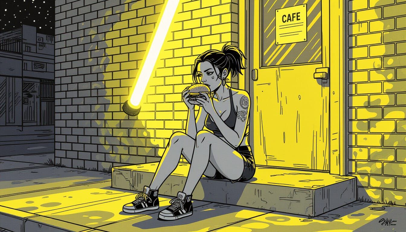Cyberpunk Woman Eating Burger in Neon Light