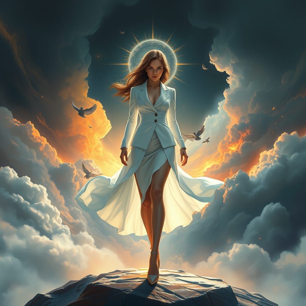 Heroic Girl Amidst Ethereal Clouds in Dreamlike Digital Art