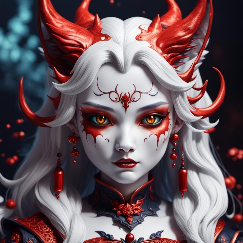 Devil Kitsune Porcelain Doll in Detailed Matte Painting