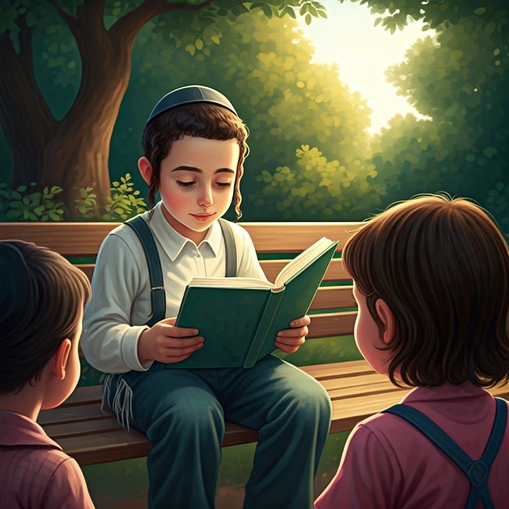 Haredi Boy Reads to Children in a Lush Park