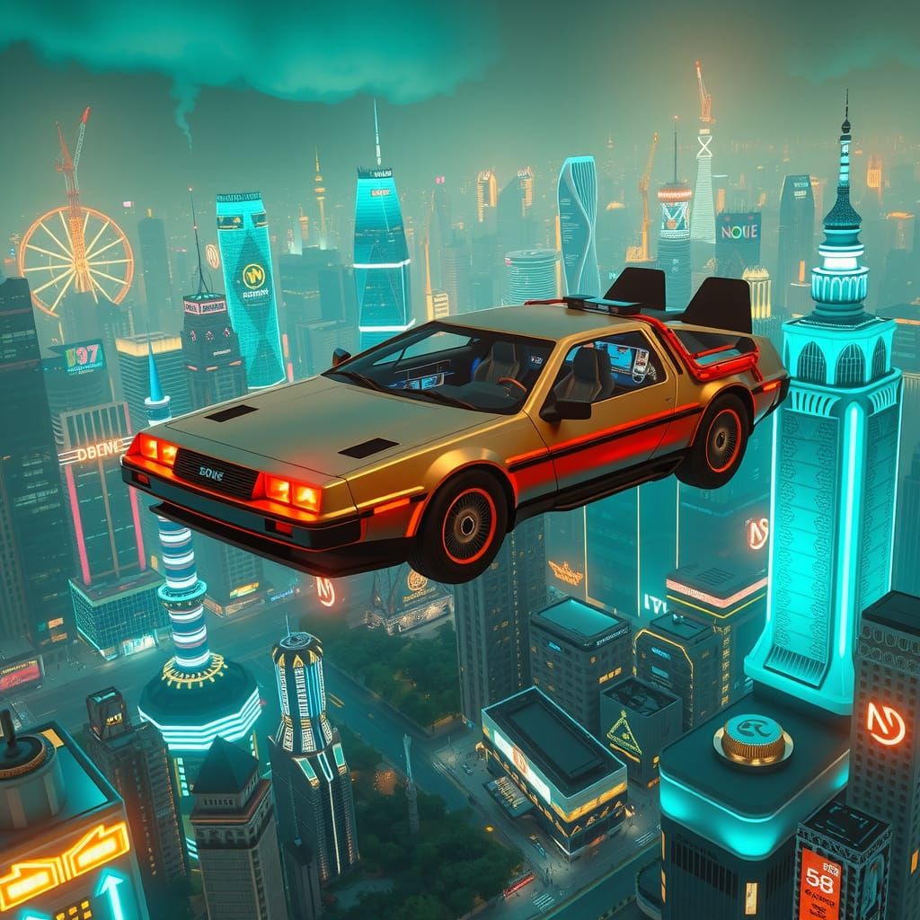 DeLorean Soaring Above Neon Cityscape