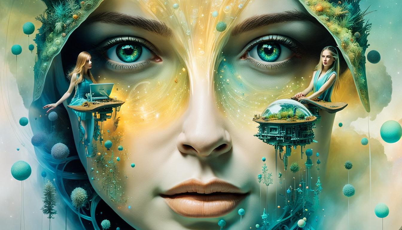 Ethereal Figures Compose Poems in Sunset Galaxy