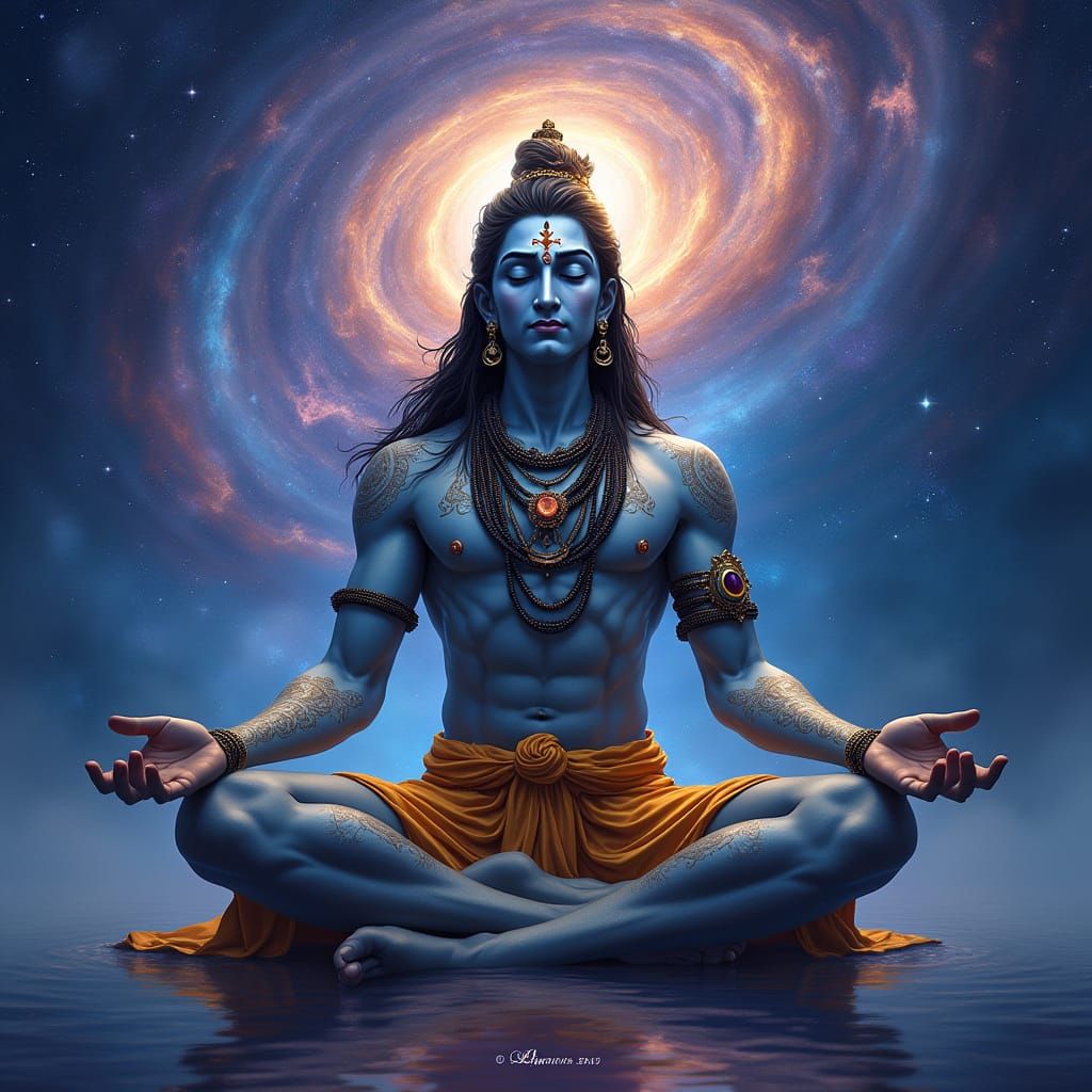 Lord Shiva Meditating Above a Galaxy in Visionary Art